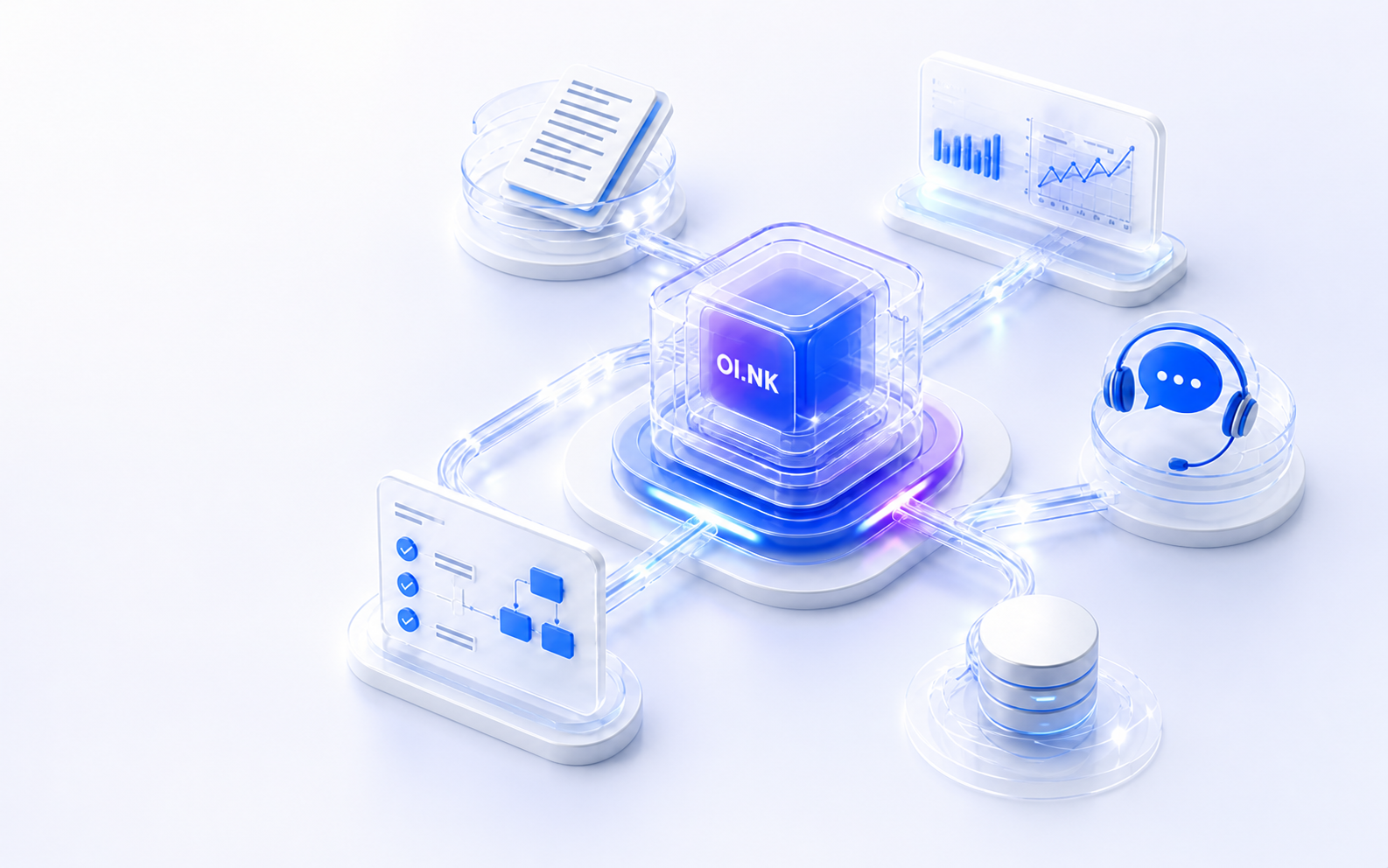 AI hub connecting knowledge, analytics, customer support, workflows, and data