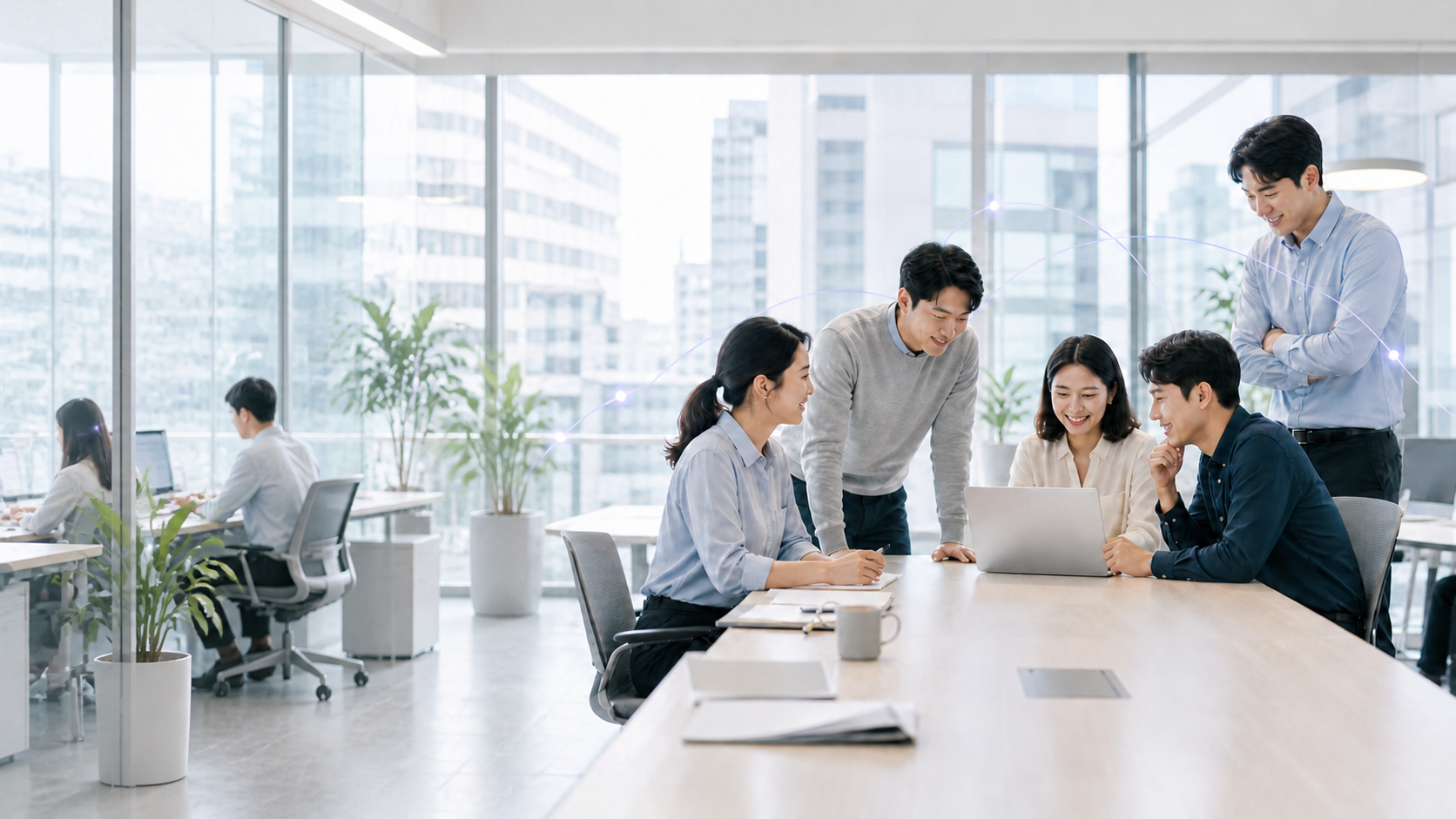 NeoKorea team collaborating in a modern AI-enabled office